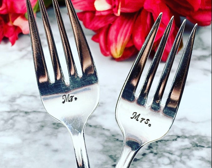 Wedding forks- Wedding Decor - Wedding Accessories - Mr/Mrs -Cute Wedding/Anniversary/Valentines/Every Day hand stamped vintage forks