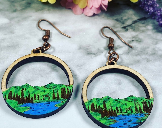 Hand Painted Mountain earrings - Wood Earrings