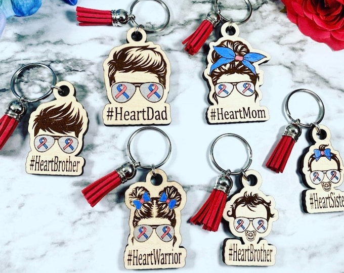 CHD Family / Warrior Keychains - Can do ANY name with any hair style - Heart Mom - Heart Dad - Heart Warrior - Heart Sister - Heart Brother