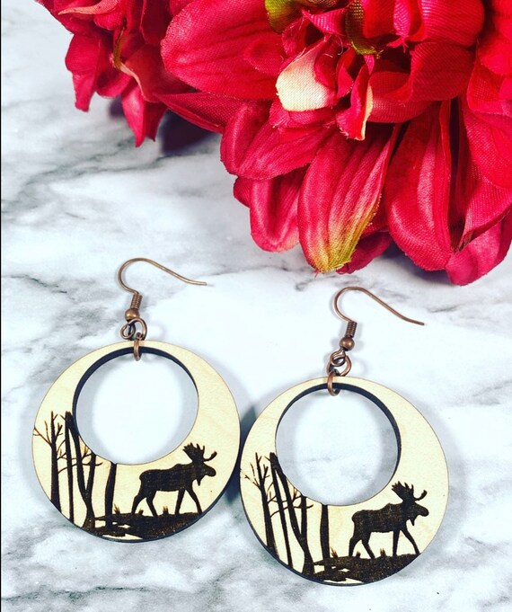 Moose Earrings- Laser Engraved Moose- Wood Earrings -Wildlife Earrings