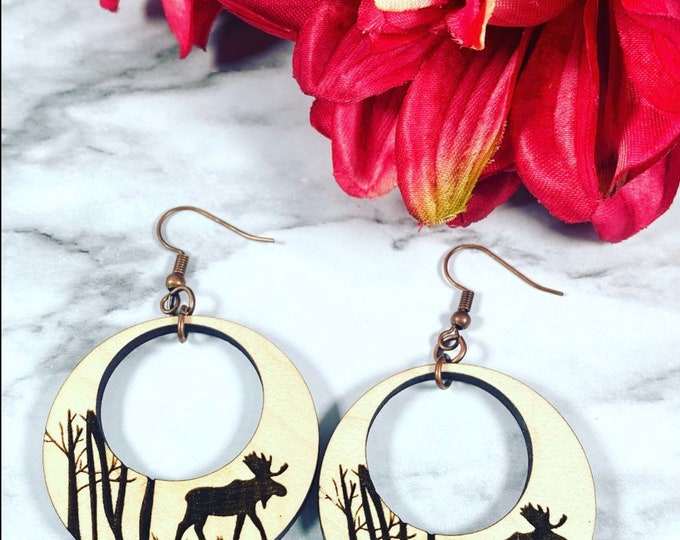 Laser Engraved Moose Wood Earrings: Wildlife Jewelry