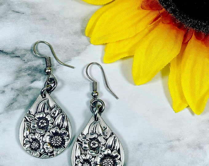 Sunflower teardrop earrings/necklace/or set - Repurposed Silverware Earrings - April 1950