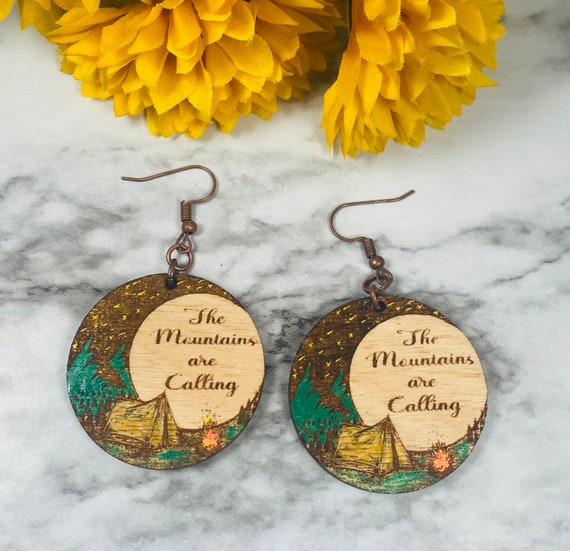 Hand painted The Mountains Are Calling earrings - Wood Earrings -Camping Earrings