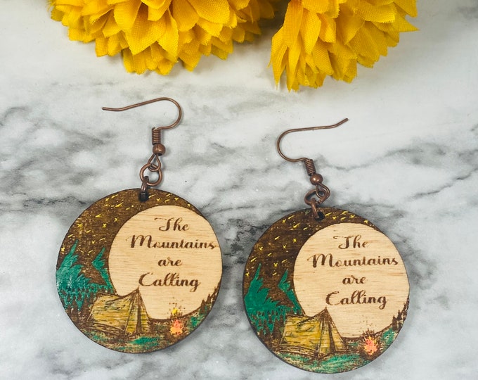 Hand painted The Mountains Are Calling earrings - Wood Earrings -Camping Earrings