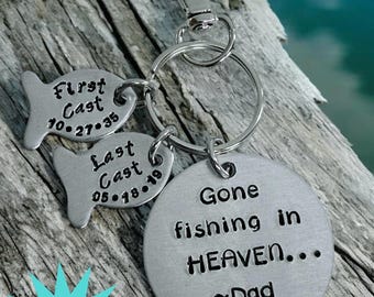 May include: Silver keychain with a round charm that says "Gone fishing in HEAVEN... ~Dad". There are two smaller fish charms with the dates "First Cast 10.27.35" and "Last Cast 05.18.19".