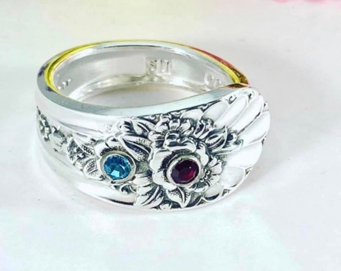 Mother’s birthstone ring - Kids’ birthstone rings - ring made from a vintage silver plated spoon handle