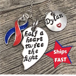 Personalized Half a Heart Necklace - CHD Awareness - HLHS/HRHS - Red and Blue Ribbon
