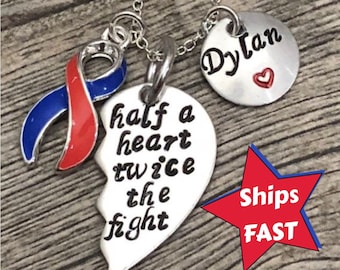 Personalized Half a Heart Necklace - CHD Awareness - HLHS/HRHS - Red and Blue Ribbon