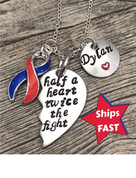 Personalized Half a Heart Necklace - CHD Awareness - HLHS/HRHS - Red and Blue Ribbon