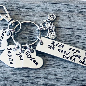 Ride Safe (name), we need you here wih us.  Personalized with recipients name (papa, dad, mom, etc) - Children's name keychain - Motorcycle