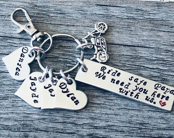 Ride Safe (name), we need you here wih us.  Personalized with recipients name (papa, dad, mom, etc) - Children's name keychain - Motorcycle