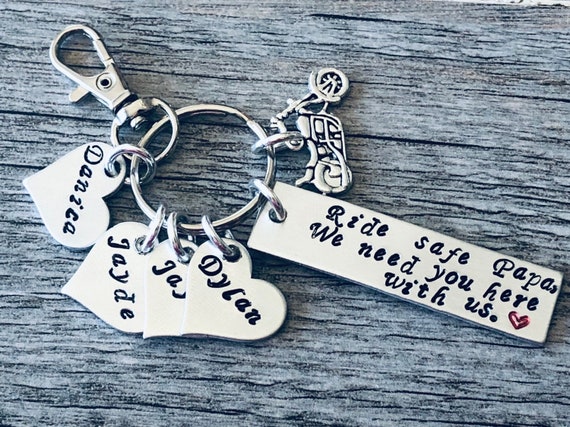 Ride Safe (name), we need you here wih us.  Personalized with recipients name (papa, dad, mom, etc) - Children's name keychain - Motorcycle