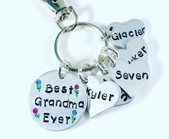 Best Grandma (or any name/can personalize) Ever! Each heart has the names of the grandkids/kids - Kid name keychain