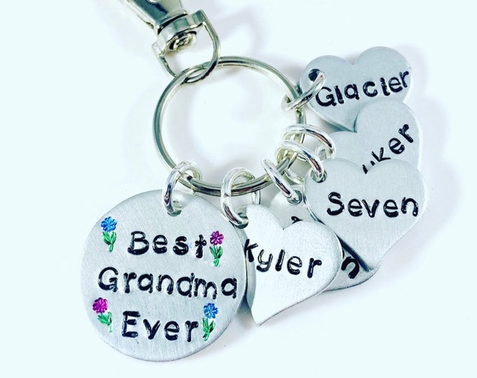Best Grandma (or any name/can personalize) Ever! Each heart has the names of the grandkids/kids - Kid name keychain