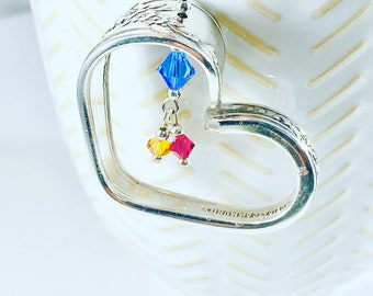 Floating heart birthstone necklace - Upcycled Silverware Necklace