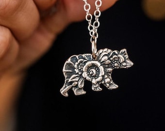 Vintage Silverware Bear Necklace • Handcrafted Floral Bear Pendant • Repurposed Spoon Jewelry • Unique Gift for Her • Rustic Chic