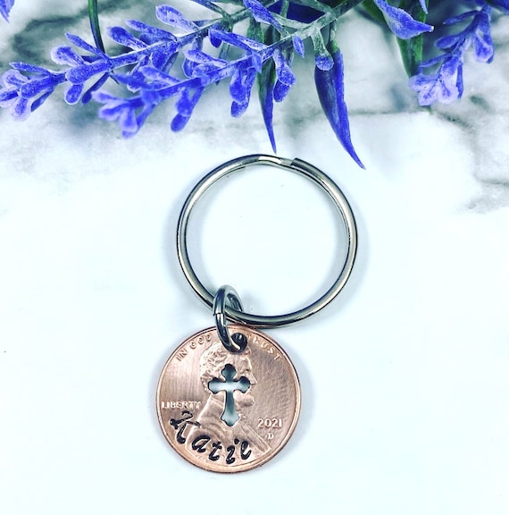First Communion/Baptism/Confirmation/Everyday Gift! Personalized Lucky Cross Penny Keychain or Necklace - First Communion