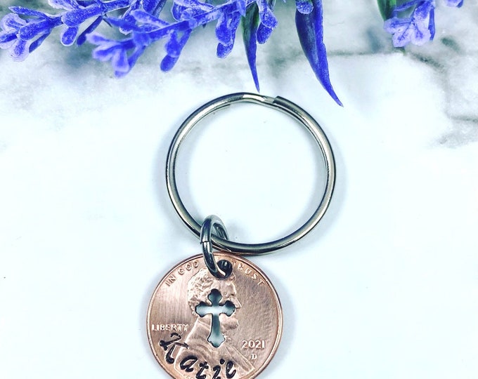 First Communion/Baptism/Confirmation/Everyday Gift! Personalized Lucky Cross Penny Keychain or Necklace - First Communion