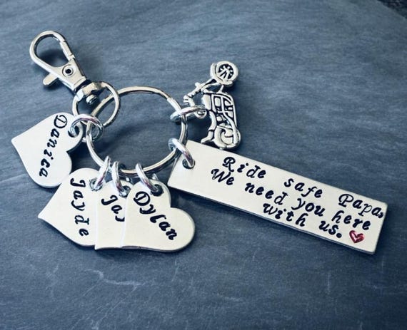 Ride Safe (name), we need you here wih us.  Personalized with recipients name (papa, dad, mom, etc) - Children's name keychain - Motorcycle