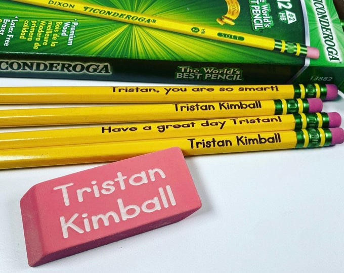 Laser Engraved 1 Dozen Pencils and Pink Eraser - Kid’s name-  school supplies