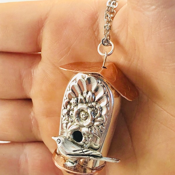 Birdhouse Necklace - Unique Birdhouse Made From Vintage Silverware