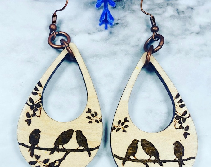 Bird teardrop earrings- Wood earrings - Laser engraved earrings
