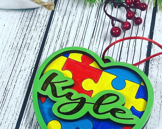 Personalized Autism Ornament and Name - Autism Awareness - Autism Puzzle Ornament