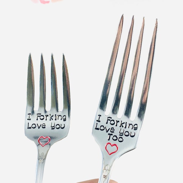 I forking love you, I forking love you too! - Cute Wedding/Anniversary/Valentines/Every Day hand stamped vintage forks