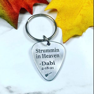 Personalized Memorial Guitar Pick Keychain: Engraved Aluminum Music Remembrance