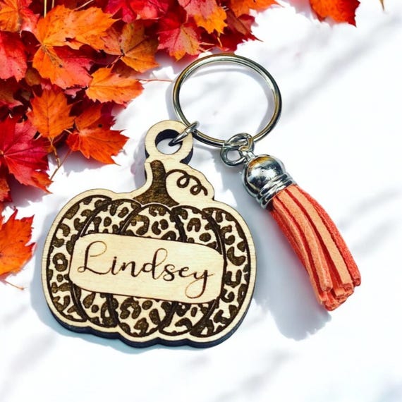 Personalized Leopard Pumpkin Keychain with tassel - Fall keychain