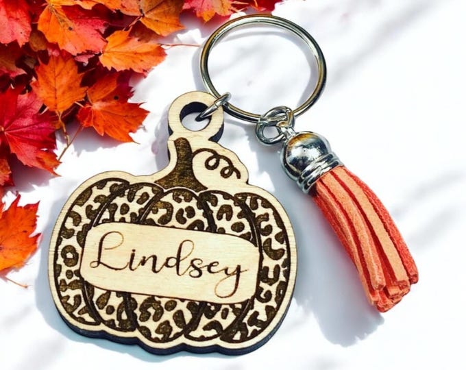 Personalized Leopard Pumpkin Keychain with tassel - Fall keychain