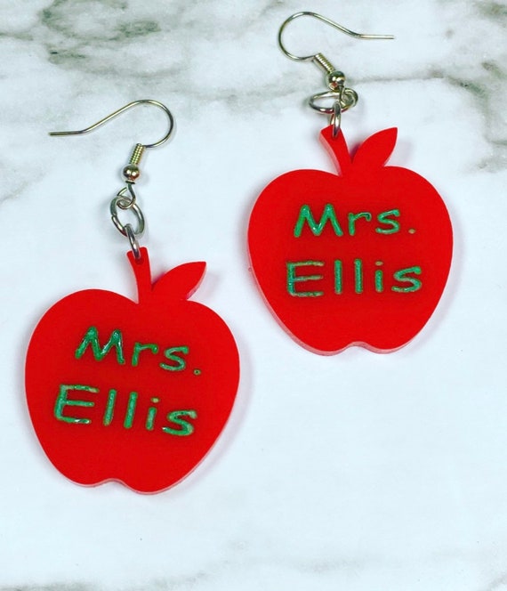 Teacher Appreciation Gift - Teacher Name Earrings - Teacher Apple Earrings - Teacher Gift