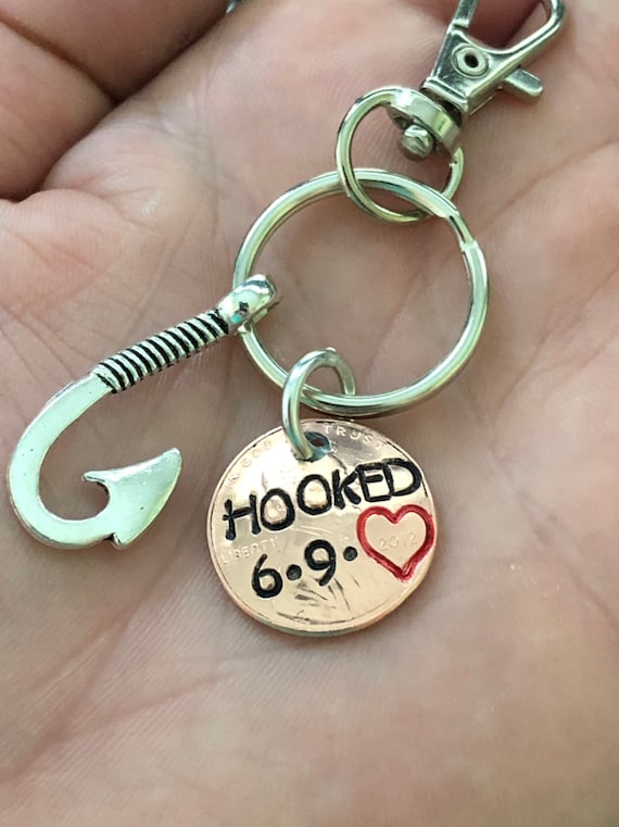 Custom Anniversary Keychain HOOKED with date of anniversary (penny is from year of marriage, etc) - Fisherman Gift - Fisherman Anniversary
