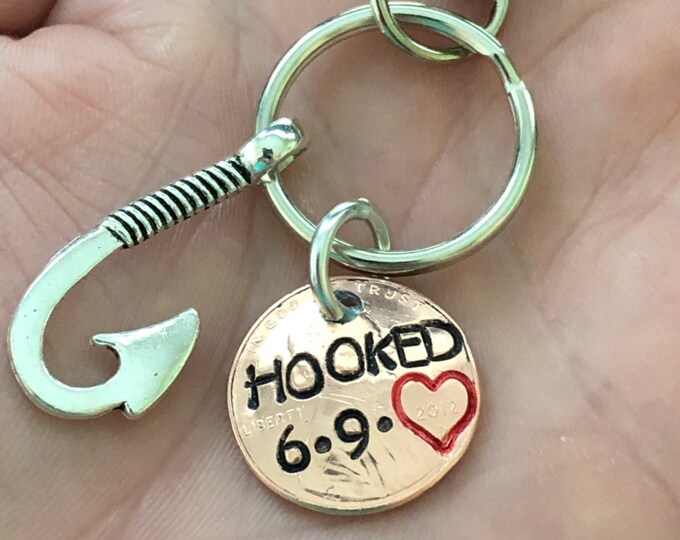 Custom Anniversary Keychain HOOKED with date of anniversary (penny is from year of marriage, etc) - Fisherman Gift - Fisherman Anniversary