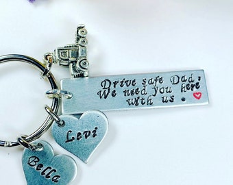 Personalized Trucker Keychain: Hand Stamped Aluminum Hearts, Drive Safe Charm