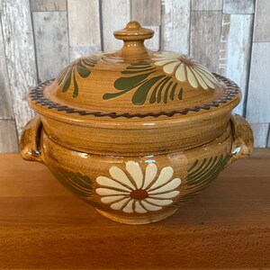 May include: A brown ceramic pot with a lid, decorated with white and green floral designs. The pot has two handles on the sides.