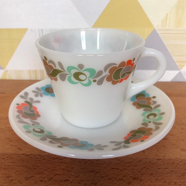 JAJ Pyrex Carnaby cup and saucer, vintage tea set, tea party hen party Pyrex tableware