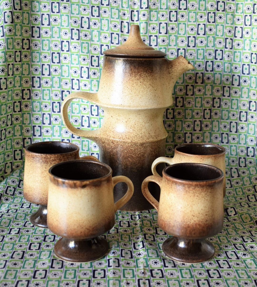 Vintage Stoneware Coffee Pot or Tea Set, Mid Century Teapot and Cup Set ...