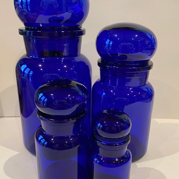 Vintage Blue Glass Apothecary Jars: Belgian Display Bottles, Set of 4