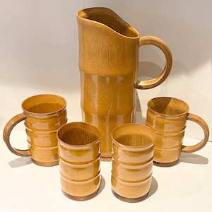 Bamboo tiki bar drinks set, bamboo jug, bamboo cups, mid century decor.
