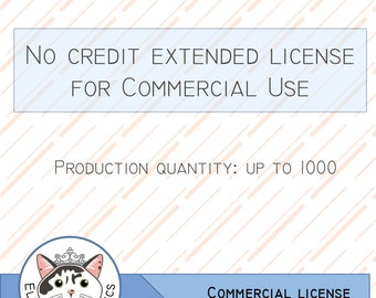 May include: A graphic with the text "No credit extended license for commercial use" and "Production quantity: up to 1000". Includes a logo of a cat wearing a crown and the words "Elita Cat Graphics". A blue banner reads "Commercial License".