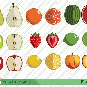 May include: A digital illustration of various fruits, including a pear, apple, orange, watermelon, strawberry, lime, lemon, and peach. The fruits are depicted in both whole and halved forms, showcasing their insides.