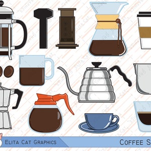 Pode incluir: Um conjunto de 12 ilustrações de diferentes métodos de preparação de café, incluindo uma prensa francesa, um filtro de gotejamento, uma cafeteira de percolação e uma xícara de café. As ilustrações são de estilo cartoon e são perfeitas para usar na marca ou nos materiais de marketing de uma cafeteria.