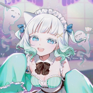 May include: Anime-style illustration of a smiling character in a maid outfit. The character has white hair with mint green highlights, blue eyes, and cat ears. The outfit is white and mint green with a brown bow and apron. Ghost-like figures float in the background.