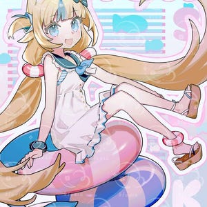 Pode incluir: Ilustração de um personagem de desenho animado com cabelo loiro, orelhas de gato e olhos azuis, vestindo um vestido branco e sentado em um anel inflável rosa e azul. O fundo é azul claro com o nome "Saba".