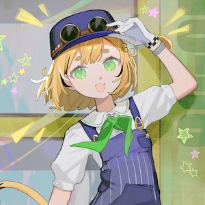 May include: Illustration of a cartoon character with blonde hair and green eyes, wearing a blue train conductor hat with goggles, a white shirt, and blue overalls. The character has a cat tail and is wearing blue shoes. The background is yellow and green with star shapes.