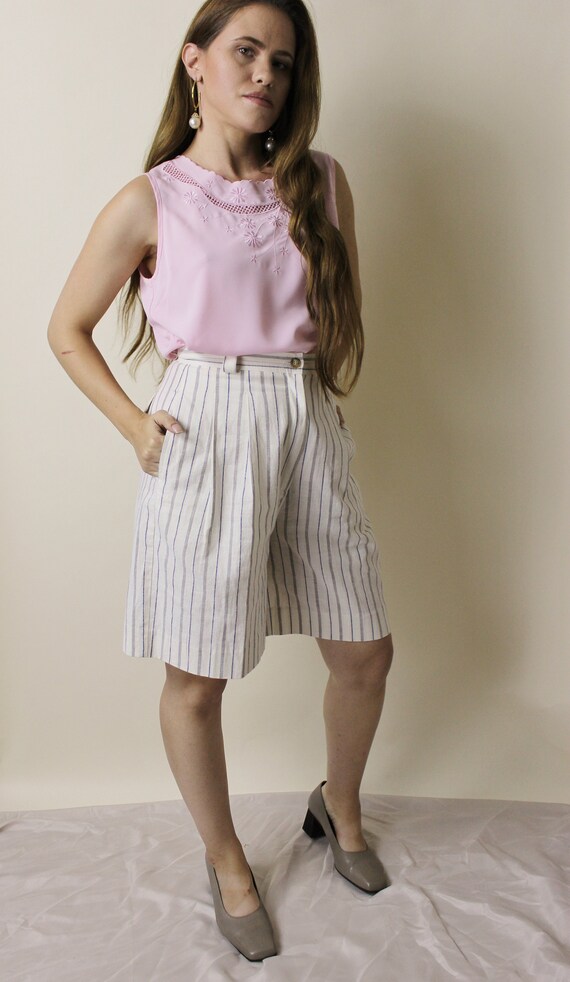 Vintage white pin striped high waisted linen bermu