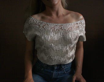 White Cream Micropleat Crinkle Top / Lace Detail Off the Shoulder Shiny Silky Top / S / M / L /