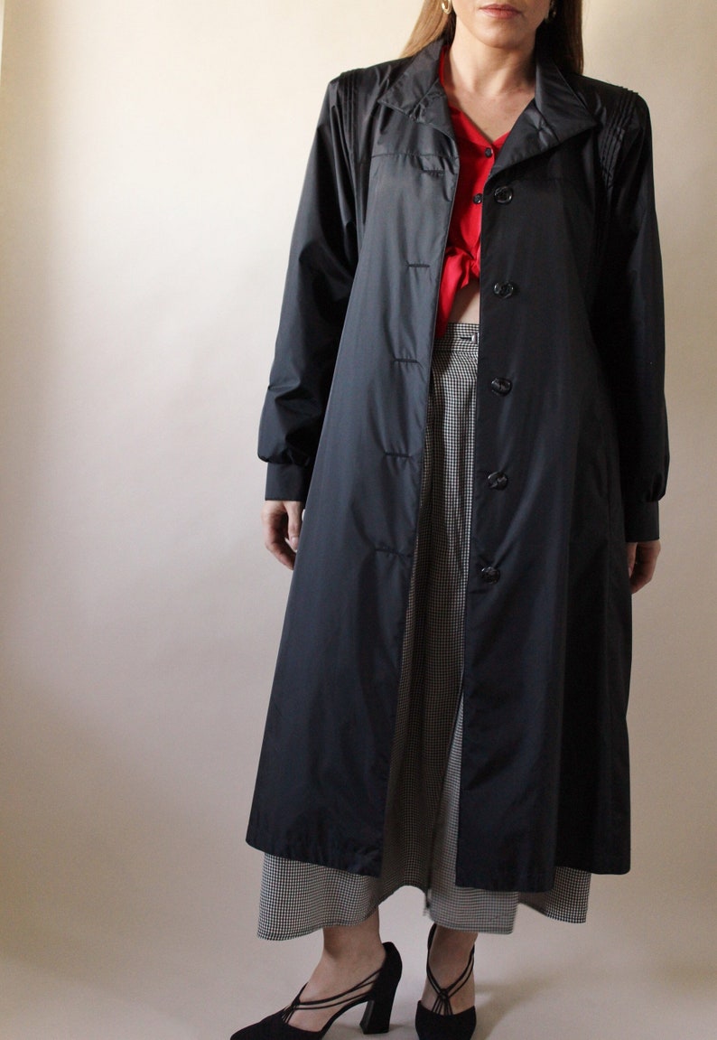 Vintage 80s Black long duster belted trench coat jacket spy | Etsy
