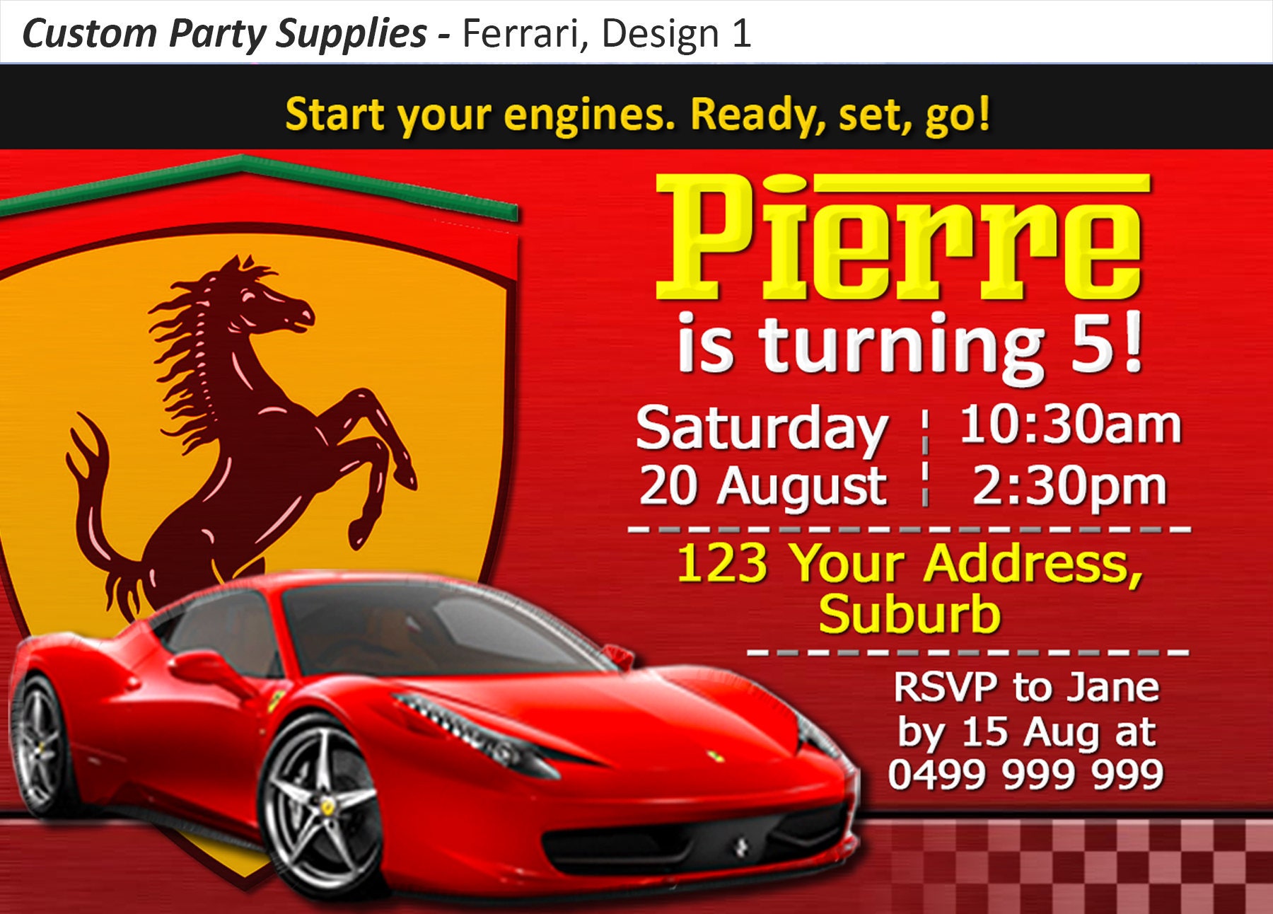 Ferrari Racing Car Birthday Party Invitation Invite Etsy